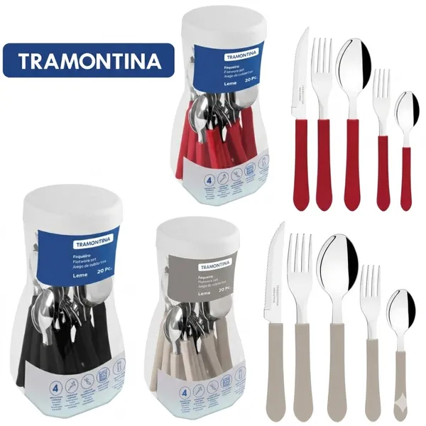 JOGO DE TALHERES TRAMONTINA LEME ORIGINAL 20 PEÇAS LÂMINAS EM AÇO INOX E CABOS DE POLIPROPILENO VERMELHO PRETO CINZA