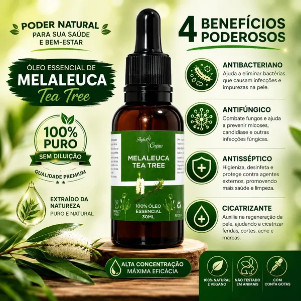 Kit 3 Óleo Essencial Melaleuca Tea Tree Puro 30ml - Acne Pele Cabelo Unha Aromaterapia Candidíase