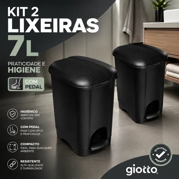 Kit 2 Lixeira com Pedal 7L Preto Prática Higiênica Moderna Preto tampa Resistente Banheiro cozinha