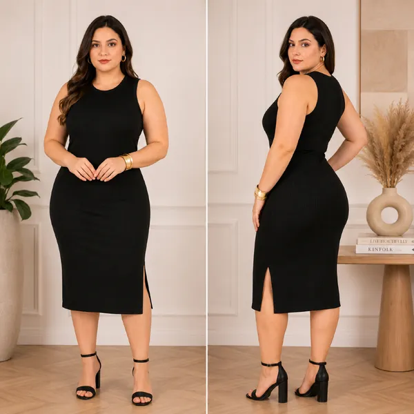 Vestido Feminino Midi Canelado com Fenda  Lateral!