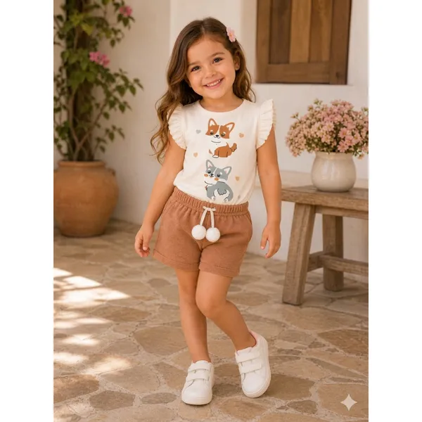 CONJUNTO DE VERÃO INFANTIL MENINA .BLUSA COM MANGA FRANZIDA +BERMUDA COM POMPOM
