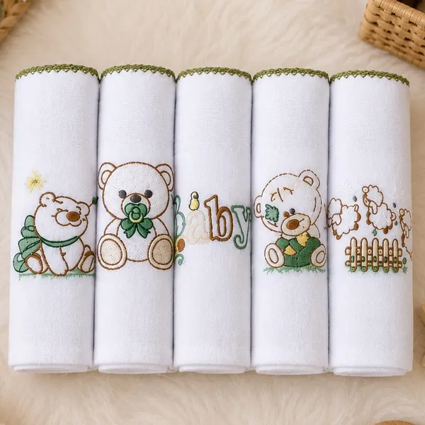 Kit Fralda de Pano Bordada para Bebê com 5 unidades 100% Algodão Menino