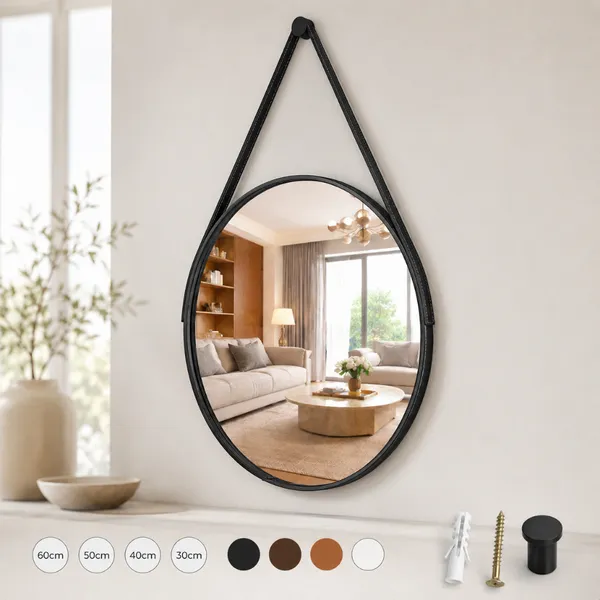 Espelho Para Quarto Banheiro Grande De Parede Adnet 60cm Couro Sala Hall Entrada Decorativo Com Alça