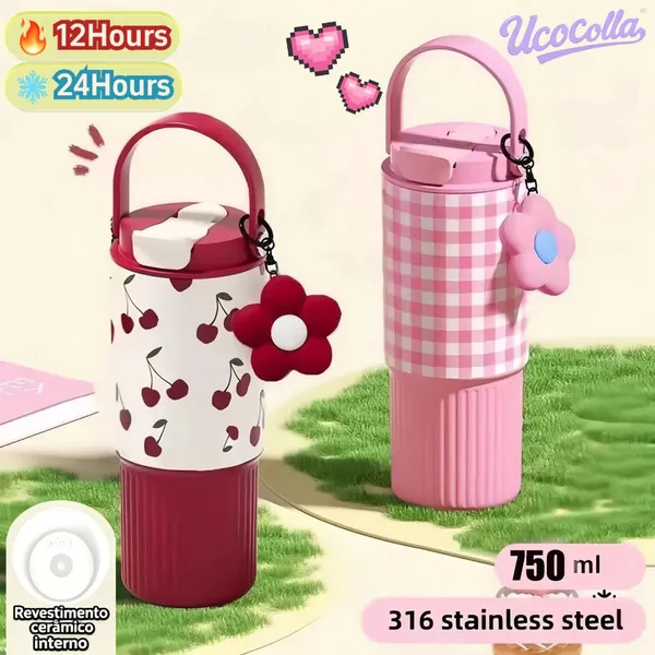 Garrafa Térmica UCOCOLLA 750ml em Inox com Alça, Canudo e Pingente – Vários Modelos
