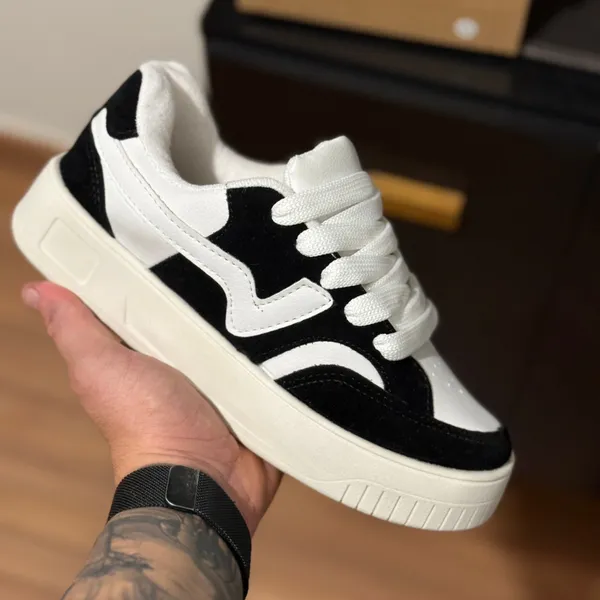 Tênis New Black  Flow Feminino Branco Camurça Antiderrapante Solado Macio Fashion