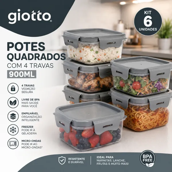 Kit 6 Potes 900ml Giotto - Cinza, 4 Travas, Hermético