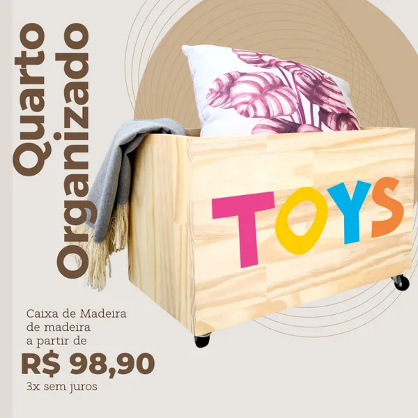 Caixote de Madeira para Brinquedos, Caixa Organizadora de Madeira, Baú de Madeira com rodas
