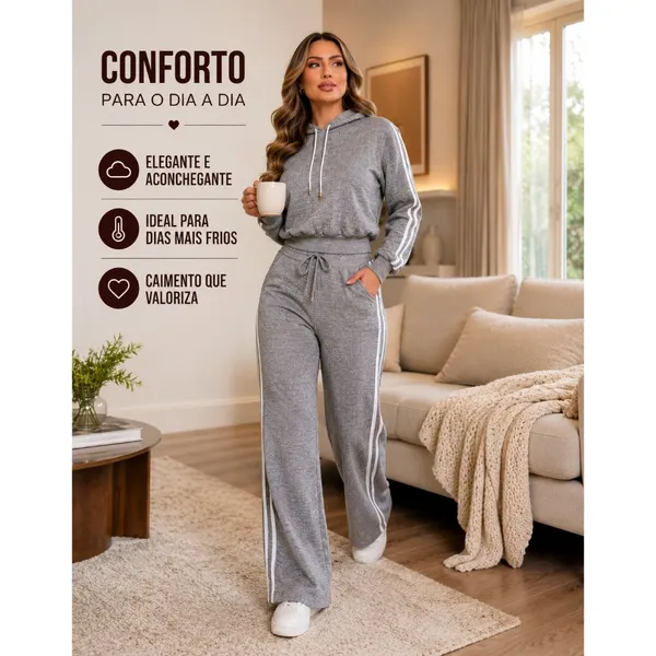 Conjunto Feminino Inverno Malha Riba Com Capuz Confortável Casual