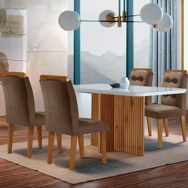 CONJUNTO SALA DE JANTAR MESA OLÍMPIA 120CM MDF VIDRO CANTO COPO COM 4 CADEIRAS CAROL MODERNA