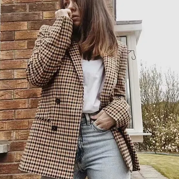 Vintage Bouble Breasted Xadrez Feminino Blazer Senhoras Retro Escritório Senhora Jaquetas Casaco Trabalho Sobrecoat