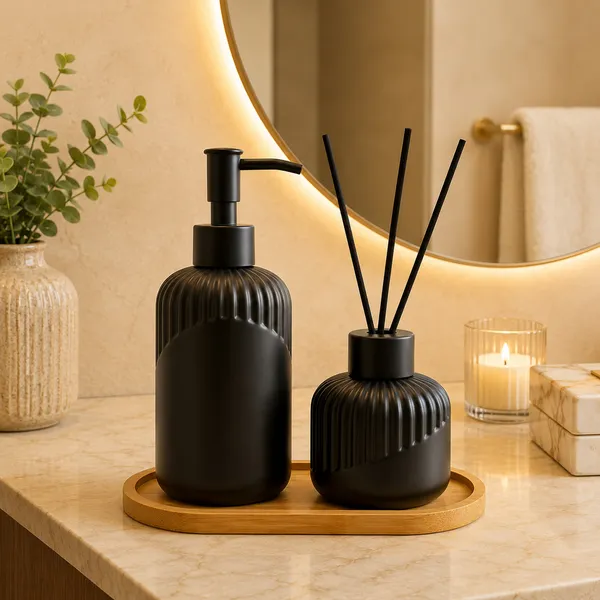 Kit Lavabo Banheiro Dispenser Para Sabonete Líquido Porta Escova Cerâmica Preto Luxo Bambu Natural