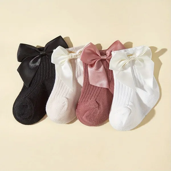 4 Pares De Meias Para Bebês De Meia-Tubo Primavera E Outono Decoração De Arco Tridimensional