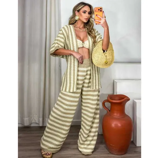 Conjunto Feminino em Tricô Calça Pantalona e Kimono Listrado Elegante Super Tendência