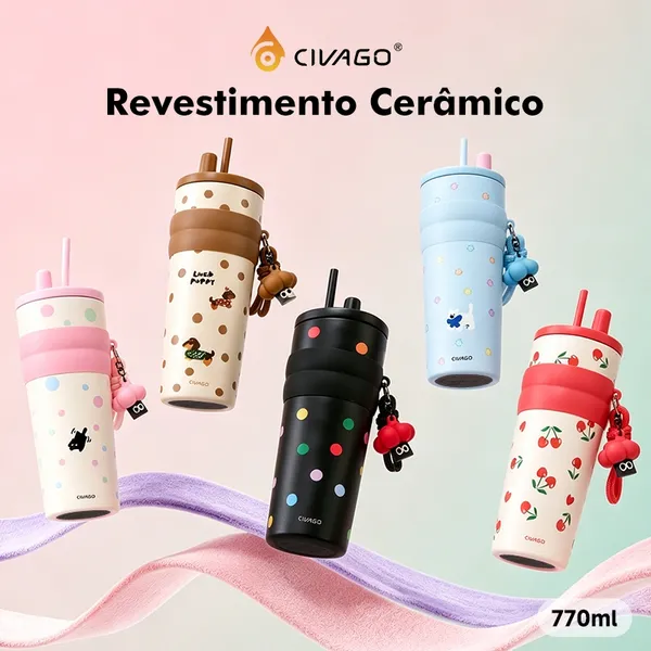 CIVAGO Fashion Garrafa Térmica Inox 770ml Revestimento Cerâmico com Canudo e Tampa Antivazamento Quente/Frio com Pingent