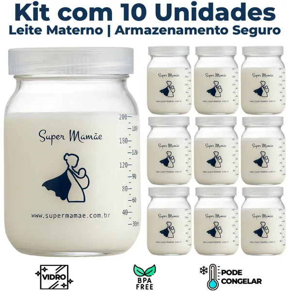 Kit com 10 Potes de Vidro para Armazenar Leite Materno 200ml Com Graduação