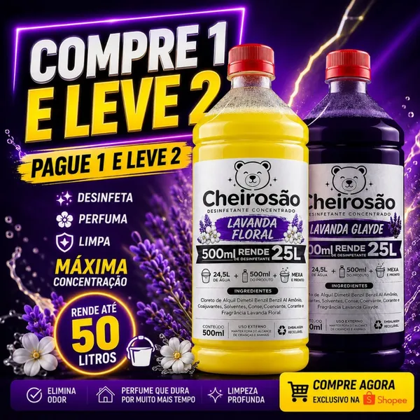 LEVE 2 PELO PREÇO DE 1 | DESINFETANTE FAZ 25 LTS CADA | LAV. FLORAL + LAVANDA GLAYDE
