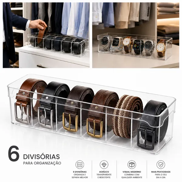 Organizador de Cintos Gravata Relógios Perfumes 34 x10 x 8 Com 6 Divisórias em Acrílico Para Gavetas e Armário