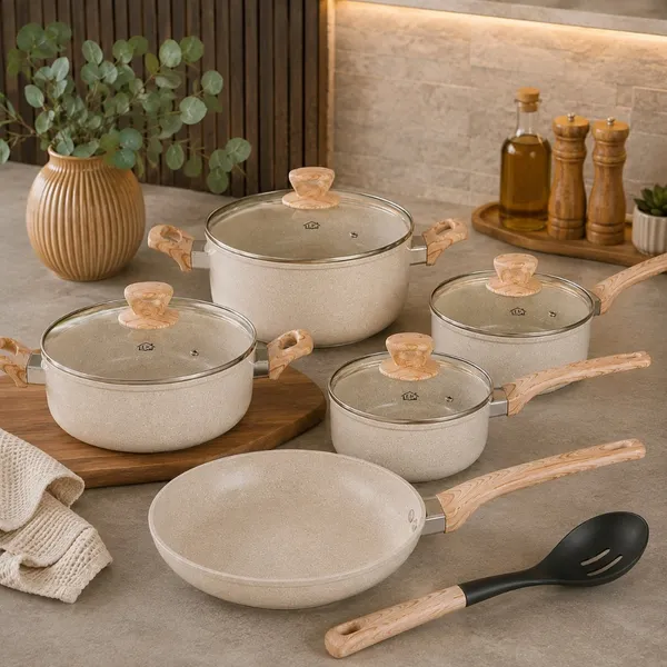 Jogo De Panelas Cerâmica Gourmet Antiaderente 6 Peças Indução Fogão Gas vidroceramico Soft Touch Tampa Vidro Premiumm