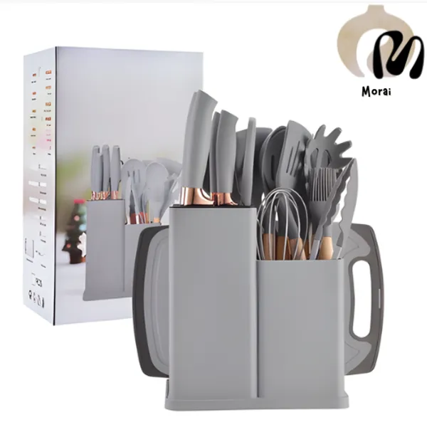 Kit Utensílios de Cozinha 19 Peças • Silicone com Cabo de Madeira • Completo e Resistente