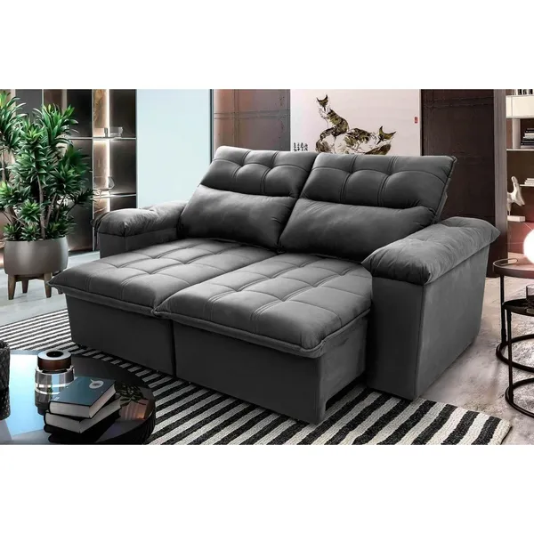Sofá Retrátil Reclinável Verona 2,00m Suede Velut Cinza Molas no Assento - King House