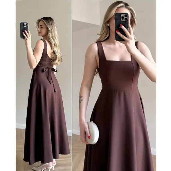 YAN FASHION | Vestido Longo Decote Quadrado com Amarração nas Costas — Alfaiataria Elegante para Ocasiões Especiais