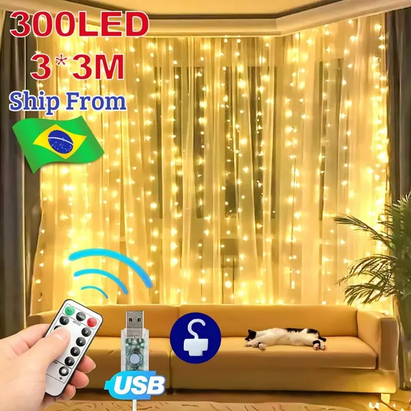 Cortina luz 300 LED 3x3M cortina com 8 Modos USB Natal Fadas Luzes Pisca Cascata Decoração Janela 110v-220v