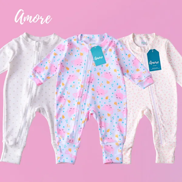 Kit 3 Macacão Menina Amore Vira Pé Floral Recem Nascido a 12 Meses 100% Algodão