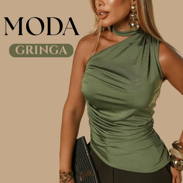 Blusa Feminina Nula Manga com Amarração Gola Choker Assimétrica