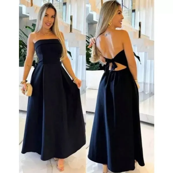 Vestido Longo Femenino Tomara Que Caia Com Bojo Drapeado Com Amarração nas Costas