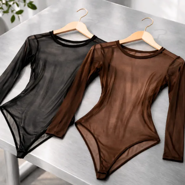 Body Tule Manga Longa Feminino Transparente Elegante Sexy Tendência Moda Blogueira