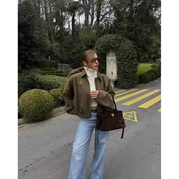 ZA Primavera Novo Estilo Feminino Camurça Textura Efeito Casaco Bomber 4344155