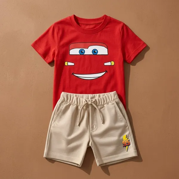 Conjunto Infantil Camiseta e Short Moletinho Rosto Carros Mc Queen Relâmpago Festa Tematica