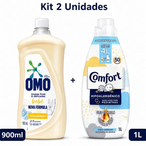 kit 1 Lava Roupas Omo Delicadas Bebê 900ml + 1 Amaciante Comfort Puro Cuidado 1L