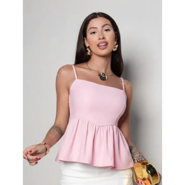 Blusa Bianca Bata Cropped Elástico com Babado Soltinha