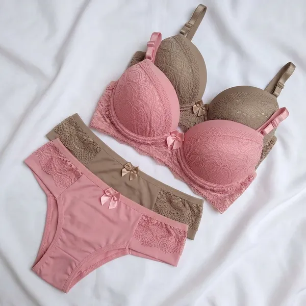 Kit Conjunto Lingerie Feminina Calcinha e Sutiã Com Bojo Rendado Confortável Delicado