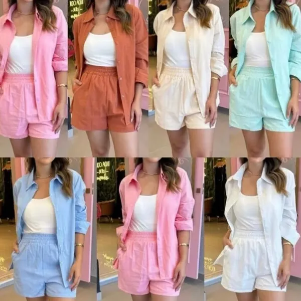 Conjunto Feminino de 2 Peças Short E Camisa De Linho Com Elastico Na Cintura 788