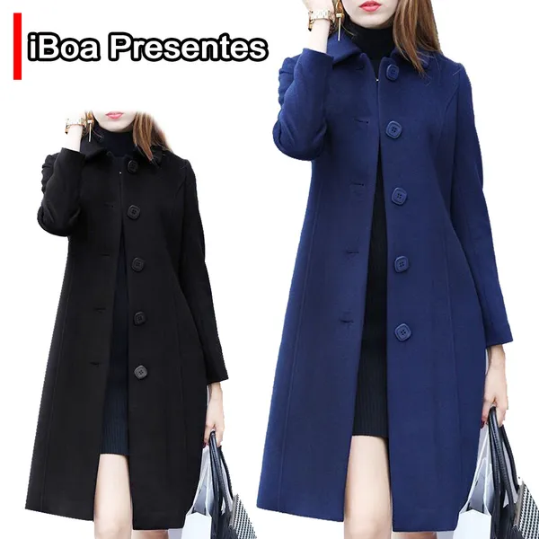 Casaco De Lã Feminino Estilo Britânico Longo Acinturado Frio