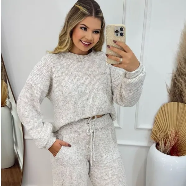 CONJUNTO BLUSA E CALÇA DE TRICOT MOUSSE LISO CANELADO COM BOLSO MODA FEMININA INVERNO