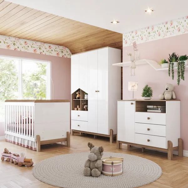 Conjunto Quarto de Bebê Completo Berço 2 em 1, Guarda-roupa e Cômoda Yuri Espresso Móveis