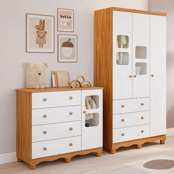 Quarto de Bebê Completo com Guarda Roupa 3 Portas Cômoda Uli 4 Gavetas 100% MDF