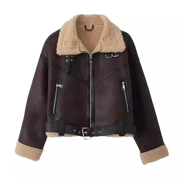Moda Feminina Vintage Casual Casaco Curto Solto Outono/Inverno Mangas De Lanterna Com Zíper Espessado De Pele Artificial