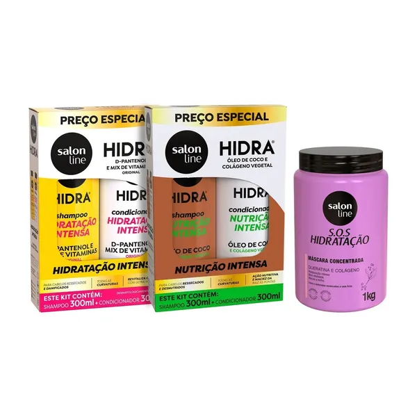 Kit Hidra Salon Line (2 shampoos 300ml, 2 condicionadores 300ml, máscara SOS Hidratação 1kg)