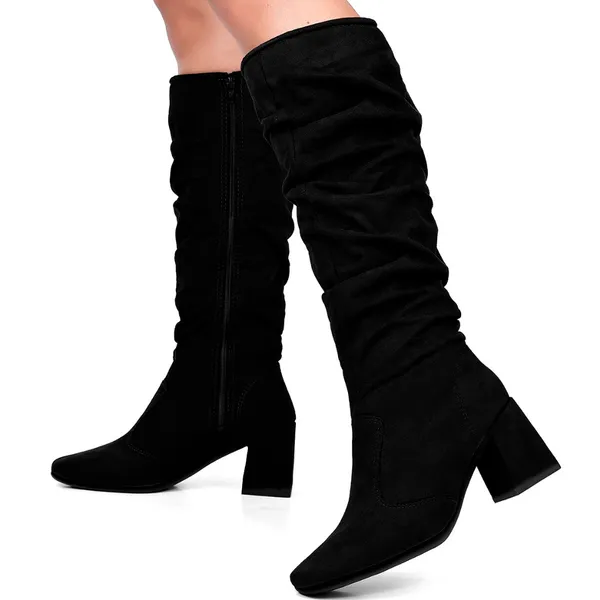 Bota Feminina Lumiss Camurça Suede Cano Alto Enrugado Salto Bloco Baixo Slouchy