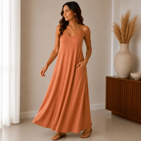 Vestido Longo Alcinha de Viscolycra Feminino Com Bolsos Casual Confortável Soltinho Estiloso