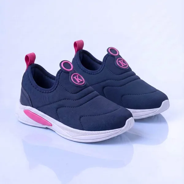 Kidstep Tenis Escolar Infantil Calce Fácil K Feminino Bordado Marinho com Pink