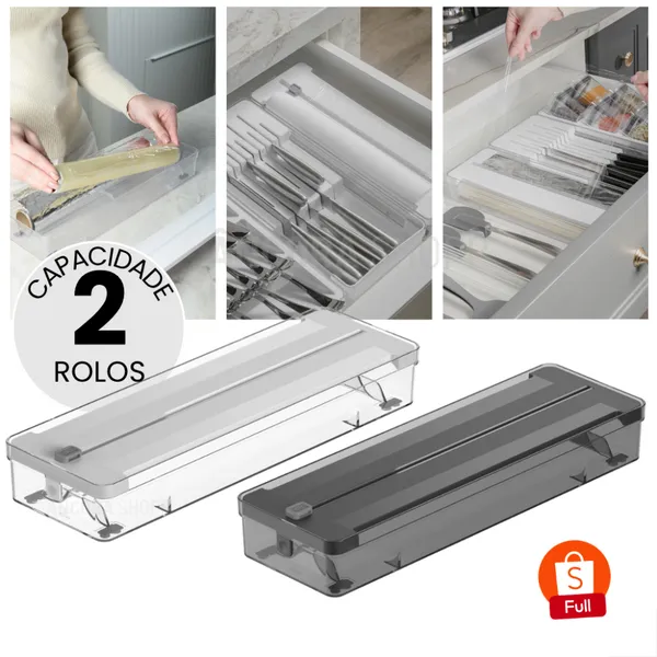 Organizador de Rolos Duplo e Cortador de Plástico Filme Papel Alumínio Manteiga Ou 37cm x 12cm