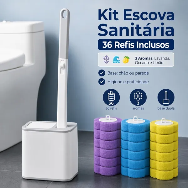 Kit Escova Sanitária Descartável com Detergente Líquido,Acompanha 36 refis de esponja descartáveis