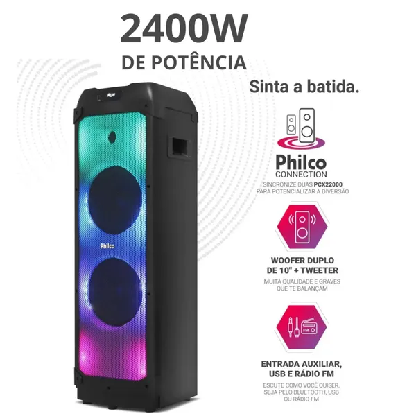 Mega Caixa de Som Philco Extreme 2400W de Potência 2x Woofer PCX22000 - Bivolt Com Visor Digital