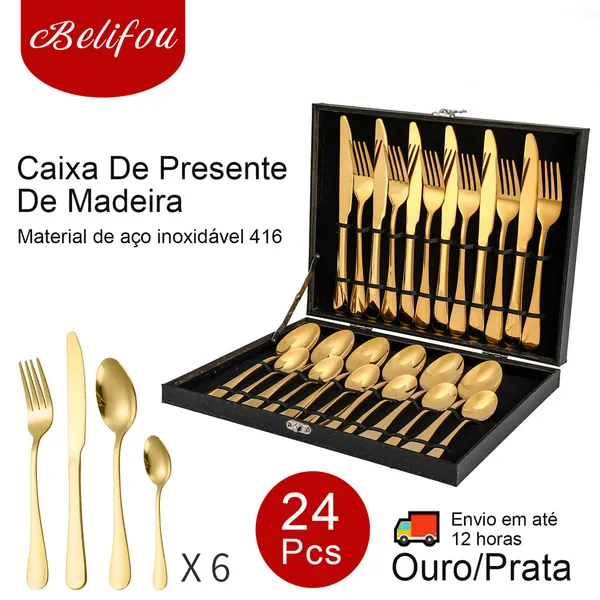 Belifou Kit 24 Peças Jogo De Talheres Dourados Aço Inoxidável Caixa De Madeira