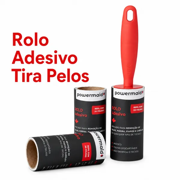 Kit Rolo Adesivo + 2 Refis Tira Pelos 90 Folhas Remove Fiapos Cabelos Poeira Roupas Sofá Powermaid